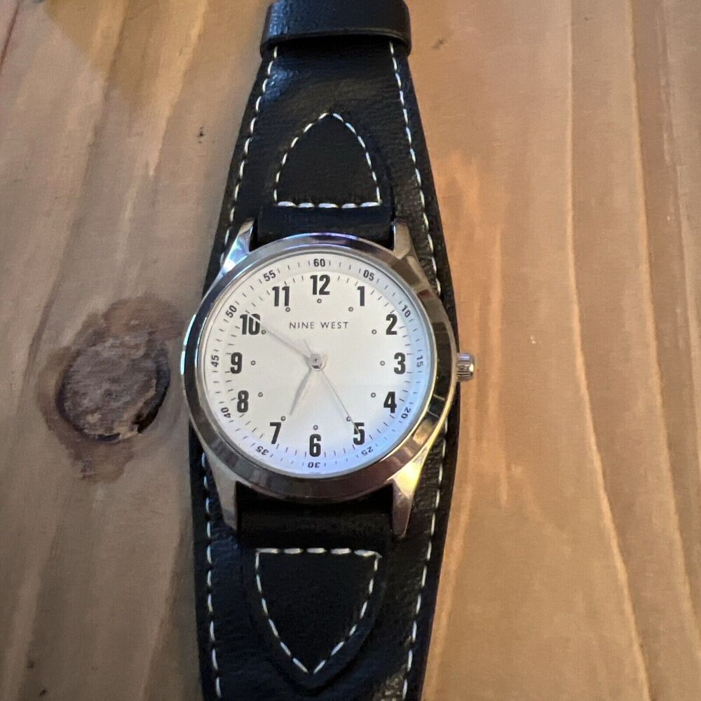 Nine West Black Leather Cuff Watch with White Face and Silver Case